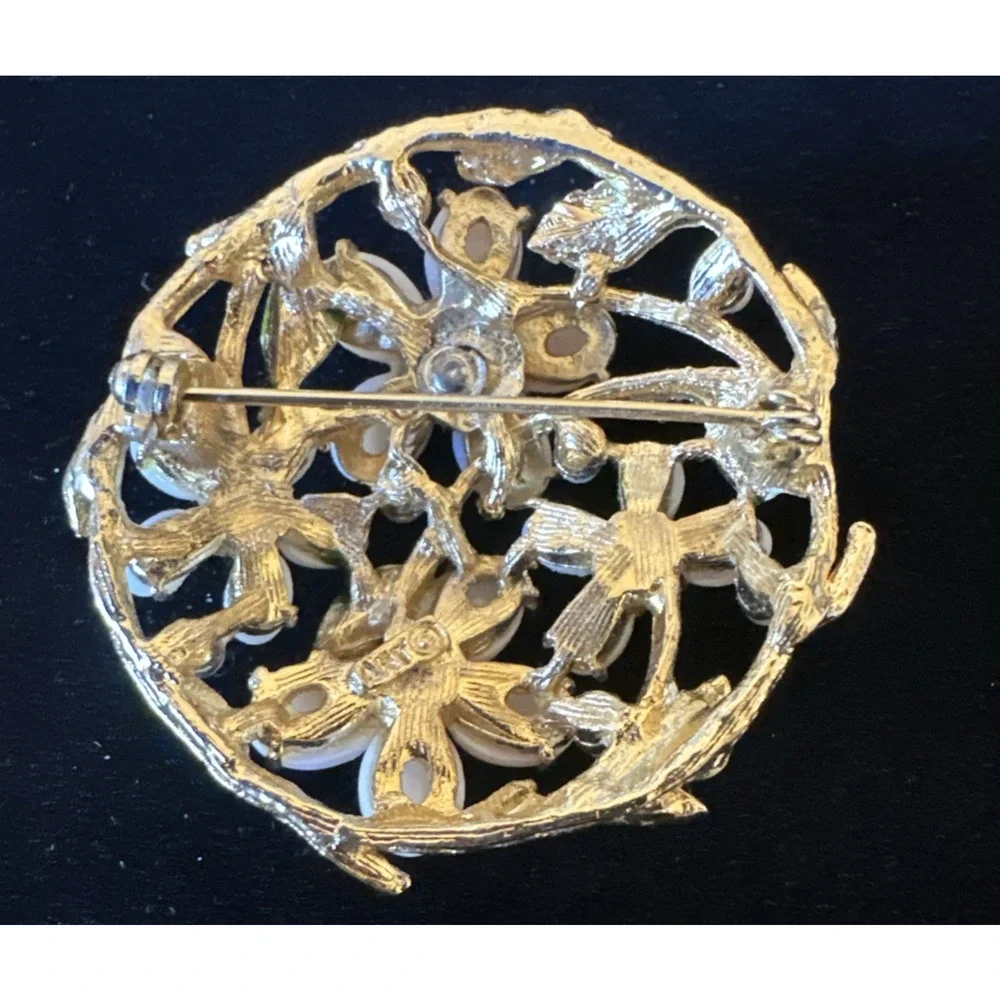 Vtg ART brooch‎ faux pearl pink flower green enamel Arthur Pepper 1960s EUC